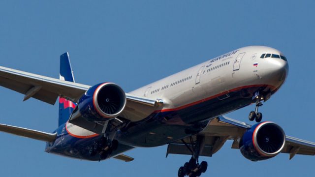Boeing 777-300ER civil jet airplane of Aeroflot Russian Airlines approaches Sheremetyevo airport